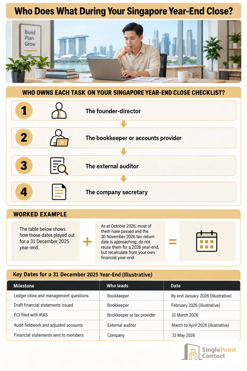 Infographic: Who Does What During Your Singapore Year-End Close? — 4 steps: The founder-director, The bookkeeper or accounts provider, The external auditor